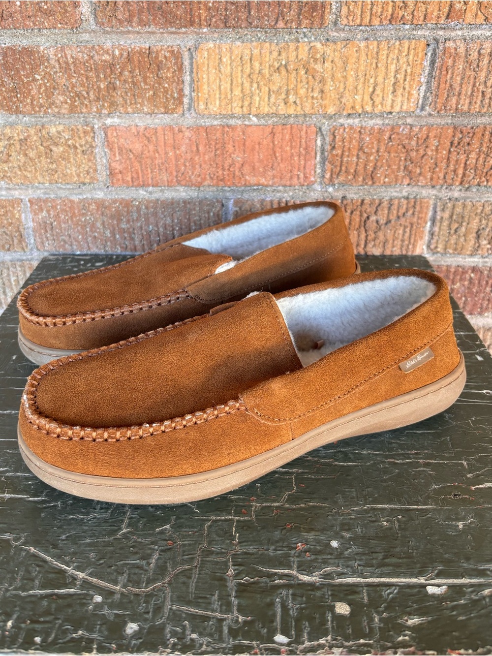 Eddie Bauer Mens M 8-9 Tan Brown Suede Sherman Slippers Memory Foam Fur Lined